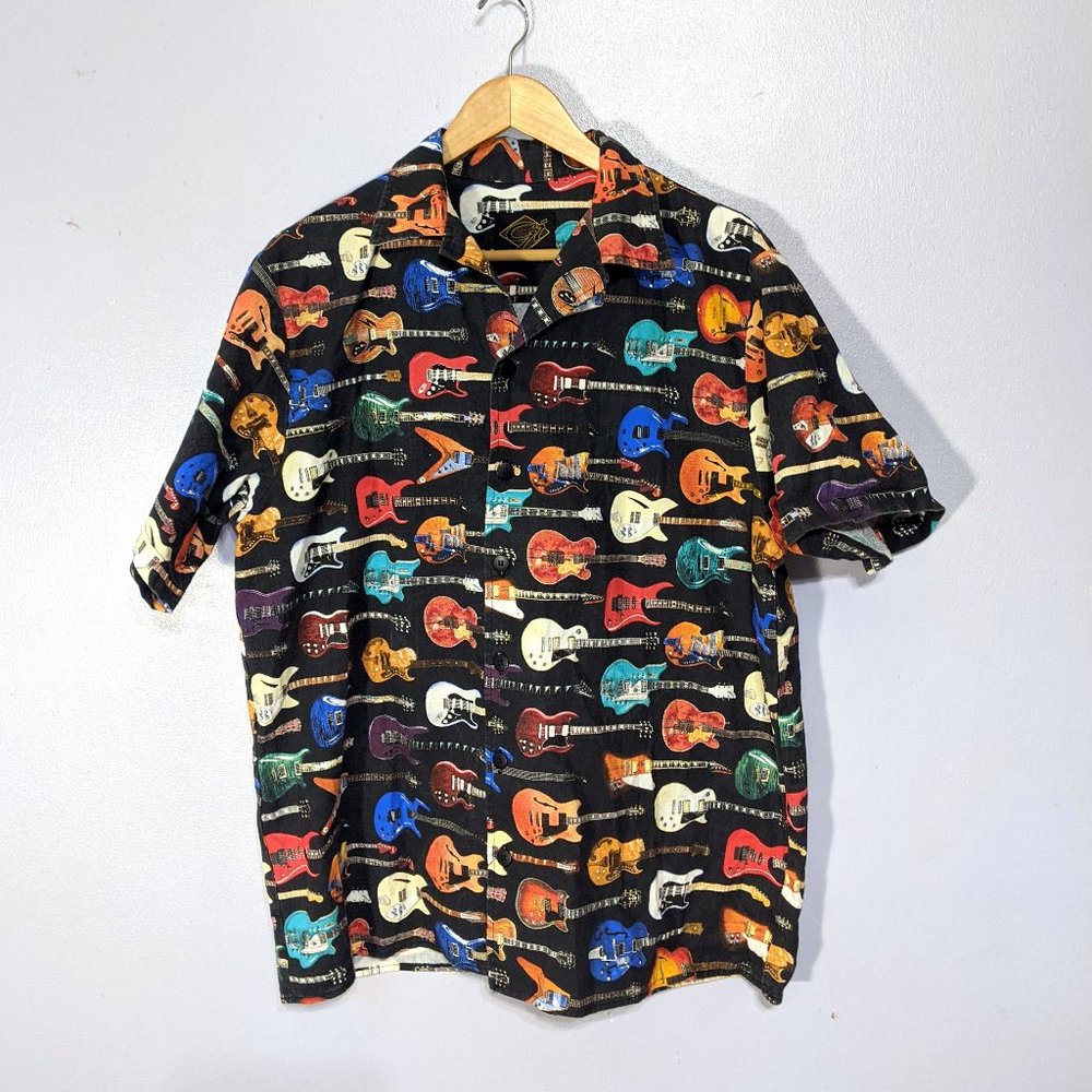 Vintage Gi Guitar Print Button Up short sleeve cotton Shirt M A5